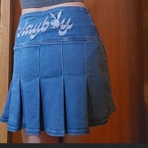 PLAYBOY Blue Pleated Denim Mini Skirt with Embroidered Logo